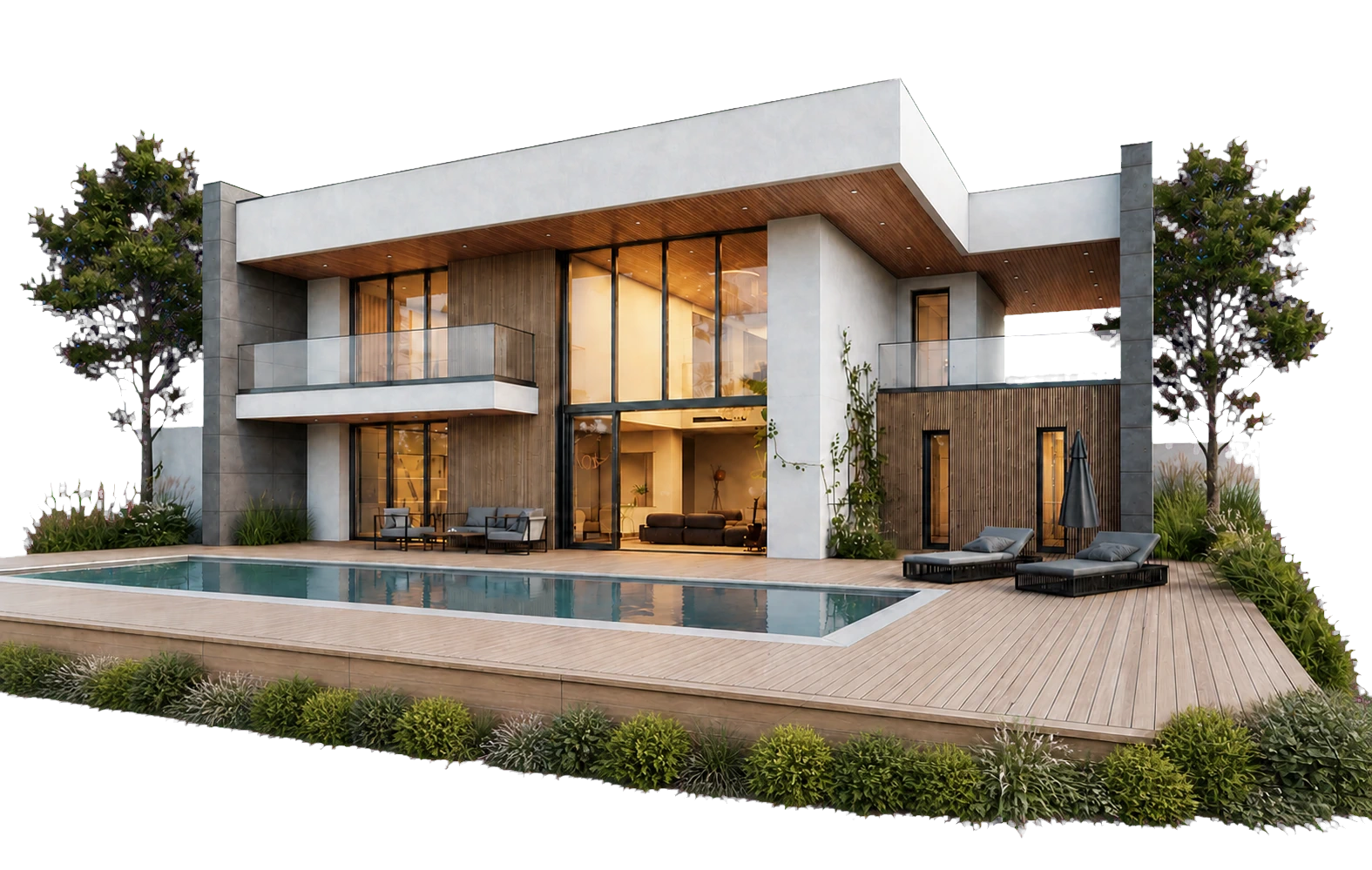 La villa construite, vue depuis le jardin