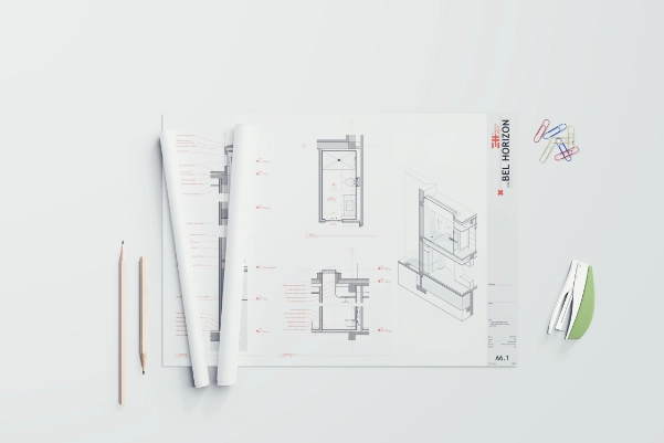Planche de détails d'une salle de bain avec plan, coupes techniques et axonométrie, projet Bel Horizon sous Revit