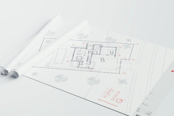 Planche imprimée du plan de masse d'une villa avec annotations rouges, projet Bel Horizon, mise en page dans Revit