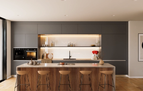 Rendu 3D photoréaliste d'une cuisine contemporaine gris anthracite avec îlot en tasseaux de bois, réalisé avec Revit et D5 Render