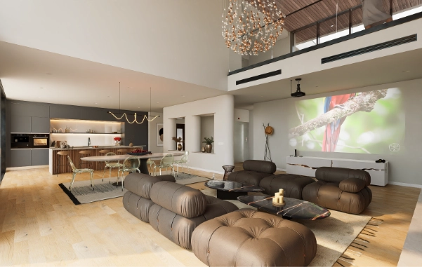 Rendu 3D d'un grand séjour ouvert sous mezzanine avec canapés modulaires en cuir, coin repas et cuisine, réalisé avec Revit et D5 Render