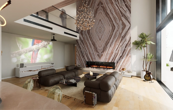 Rendu 3D d'un salon double hauteur avec mur en marbre book-match, cheminée encastrée et lustre, créé avec Revit et D5 Render