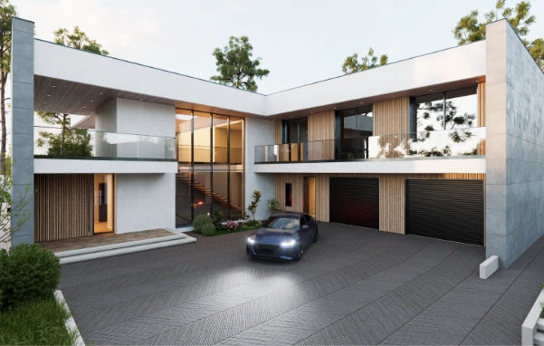 Rendu 3D d'une villa d'architecte en L au bardage bois avec double garage et cour pavée, créé avec Revit et D5 Render