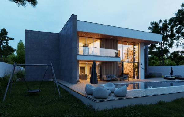 Rendu 3D au crépuscule d'une villa contemporaine en béton et verre avec piscine et terrasse en bois, créé avec Revit et D5 Render