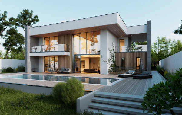 Rendu 3D d'une villa moderne à deux niveaux avec balcons, terrasse en bois et piscine, réalisé avec Revit et D5 Render